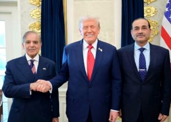 President Trump with Pakistani Prime Minister Shehbaz Sharif, shaking hands, and Asim Munir, the country’s army chief, at the White House in September. Pakistani Prime Minister’s Office/AFP/Getty